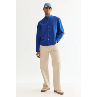 H&M(เอชแอนด์เอ็ม) เสื้อเชิ้ตคอจีนผสมผ้าลินินทรงปกติ Men Regular Fit Linen-blend grandad shirt 1315933_1