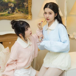 (พร้อมส่ง)RIKA น้องคัพเค้ก เซ็ตครอปไหมพรมกระดุมหน้าคอบัวแขนกุด