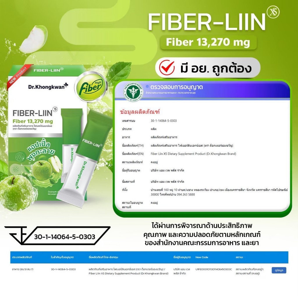 (โปรโมชั่น 1 แถมฟรี!! 1) Fiber-Liin XS ไฟเบอร์ลีน Dr.Khongkwan ไฟเบอร์ ลิน รสแอปเปิ้ล ดร.ของขวัญ