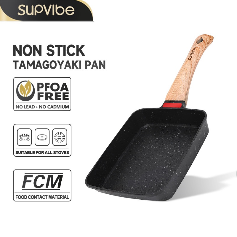 SUPVIBE กระทะสี่เหลี่ยม กระทะไข่ม้วน กระทะอาหารเช้า อุณหภูมิที่ตรวจจับอัตโนมัติ tamagoyaki ใช้ได้กับเตาทุกประเภท