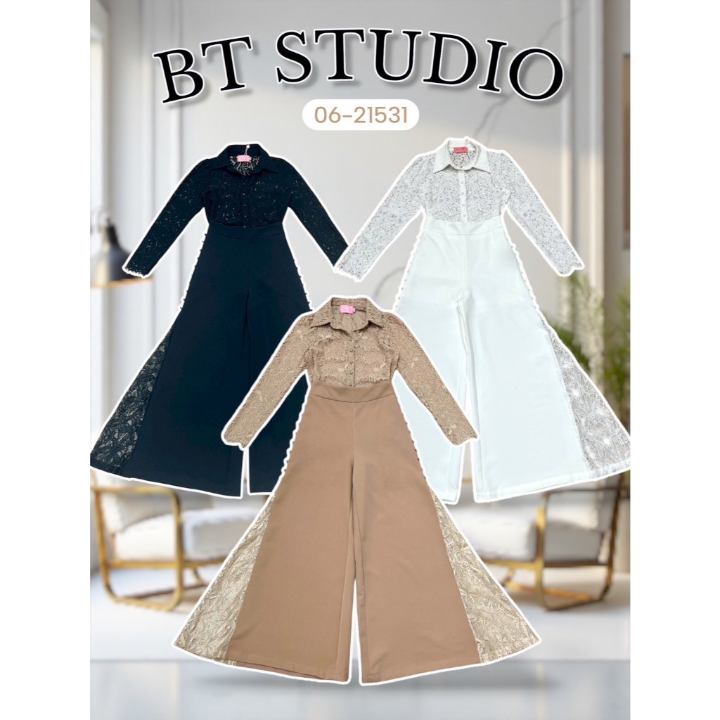 BT  06-21531  เซท 2 ชิ้น เสื้อแขนยาว คอปก งานลูกไม้ทั้งตัว กระดุมหน้าใช้งานได้จริง กางเกงขายาว แต่งลูกไม้ช่วงขาบานออก