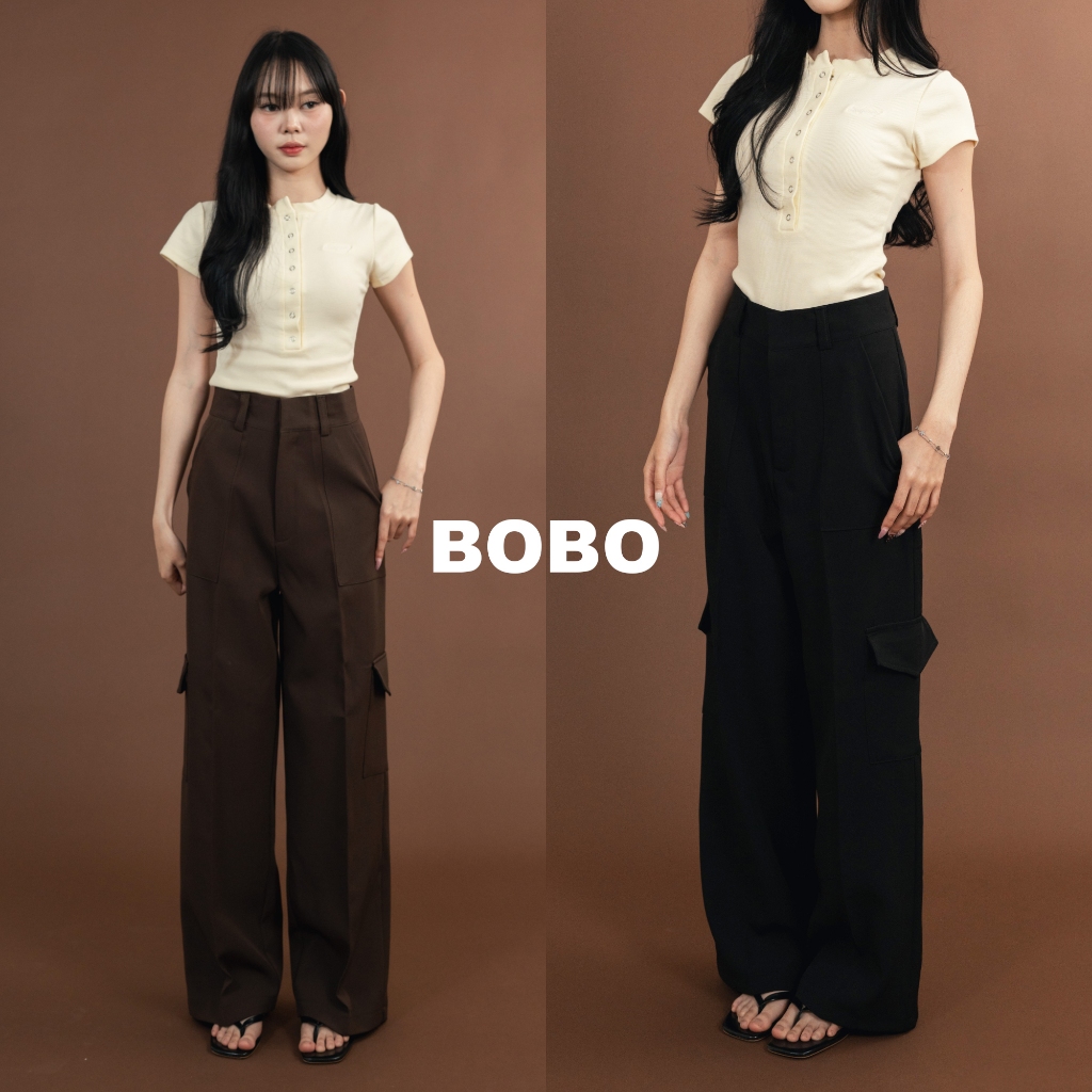 Bobo_SP018 กางเกงเอวสูง ทรงกระบอก คาร์โก้สุดฮิต มีกระเป๋า4ใบ กระเป๋าใช้ผ้าเดียวกับกางเกงเป็นซับ