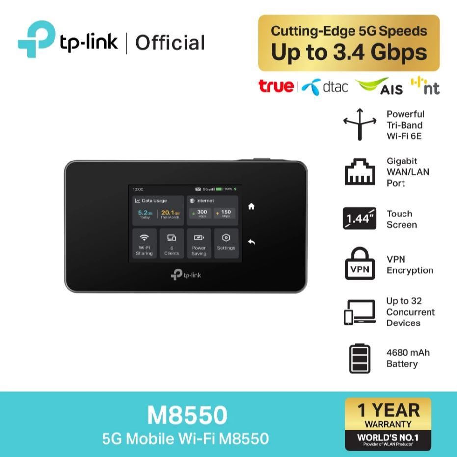 TP-Link M8550 พ็อคเก็ตไวไฟ 5G Mobile Wi-Fi เชื่อมต่อพร้อมกันได้ถึง 32 อุปกรณ์ รับประกัน 1ปี (รองรับก