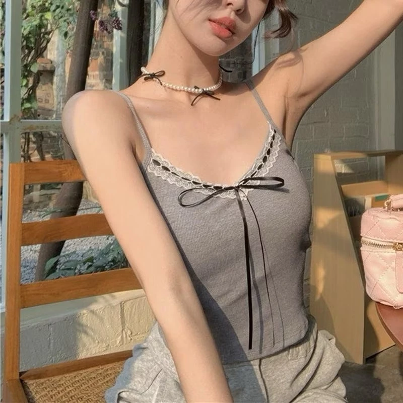 🤍เสื้อสายเดี่ยว ครอป พร้อมส่งในไทย มีฟองน้ำในตัว ดีเทลโบว์ผูกรอบขอบ สไตล์เวียดนาม เกาหลี แต่งตัวแมชชิ่งง่ายย น่ารักก#013