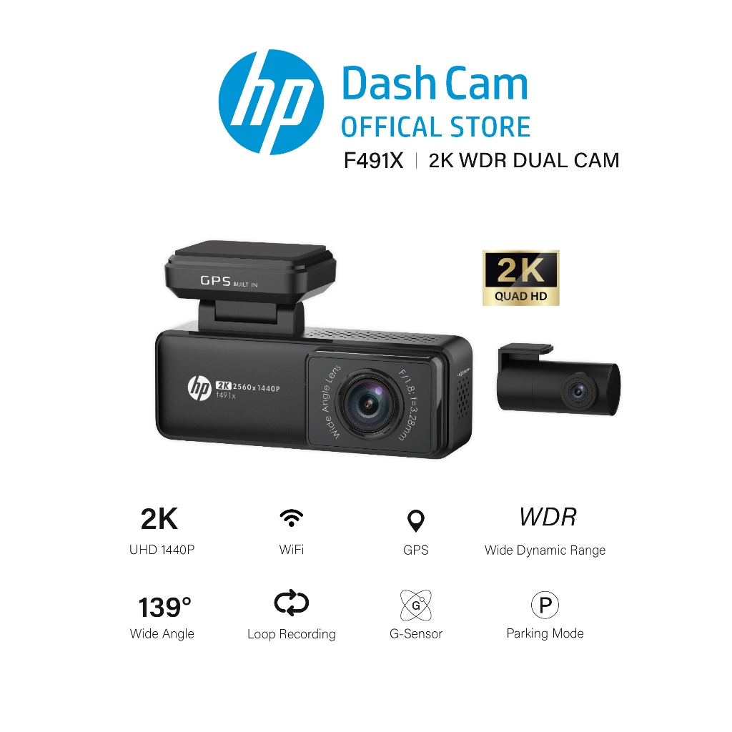 HP Dashcam F491X 2K + กล้องติดรถยนต์หน้า-หลัง Sensor WiFi +  GPS มุมกว้าง 139 ° รับประกันศูนย์ไทย2ปี