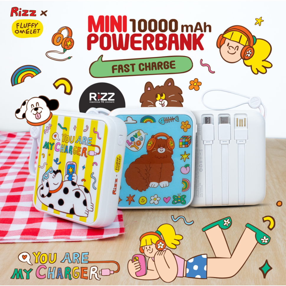 [Official] Rizz Fluffy พาวเวอร์แบงค์พกพา mini powerbank แบตสำรอง 10,000 mAh พร้อมสายชาร์จในตัว รุ่น FO-PB-101