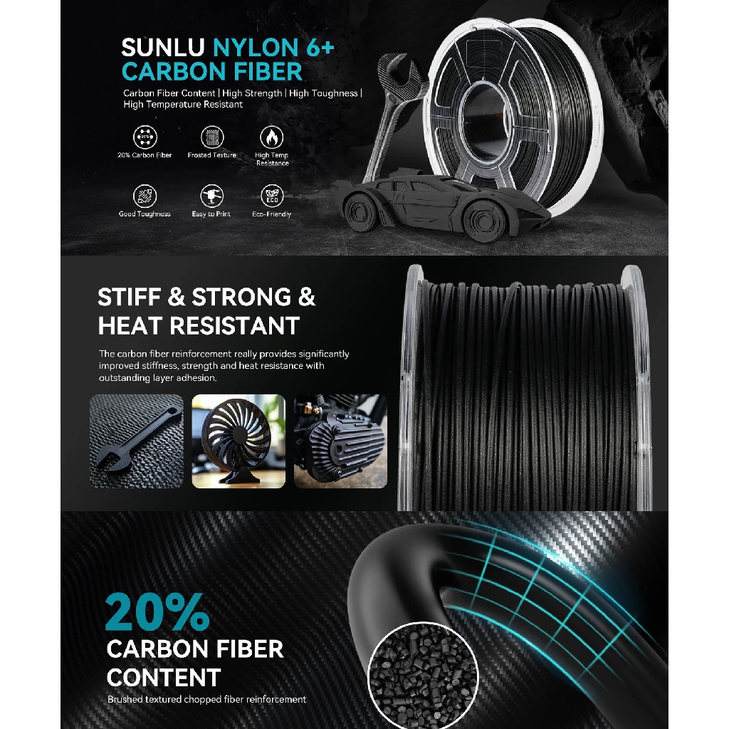 เส้นพลาสติก 3D Printer SUNLU PA6-CF เสริมคาร์บอนไฟเบอร์ 1KG 1.75mm ทนความร้อน แข็งแรง ไม่โก่งง่าย