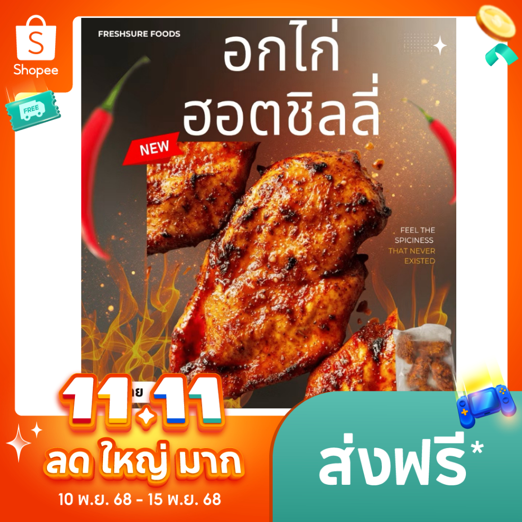 อกไก่ฮอตชิลลี่1 กิโล(Hot Chili) เผ็ดกลมกล่อม โปรตีนสูง ไขมันต่ำ พร้อมปรุง ย่าง/ทอดไร้น้ำมัน