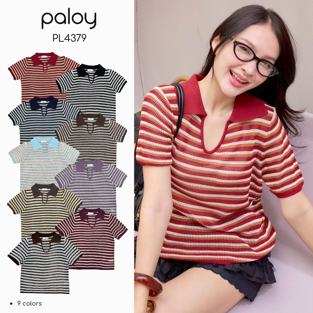 [Best Seller] Paloy - PL4379 เสื้อแขนสั้นคอปก ผ้าถักลายริ้ว