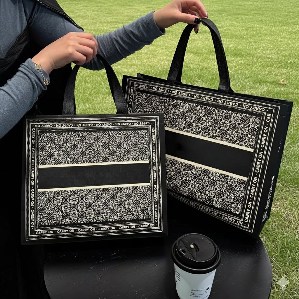 ถุงผ้า กระเป๋าผ้าสปันบอนด์เคลือบ PVCกันน้ำ 100% พิมลายคมชัดสวยตรงปรกผ้าหนาหูปั้มแข็งแรงใบใหญ่ใช้ซ้ำได้หลายครั้ง