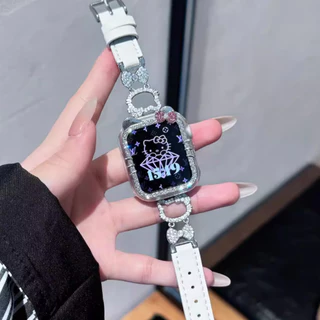 สายหนังประดับเพชร Sparkling Cat เข้ากันได้กับ iWatch S11/10/9/8/7/6/5/4/3/2/1/se Ultra 49mm/46/45/44/42/41/40/38mm