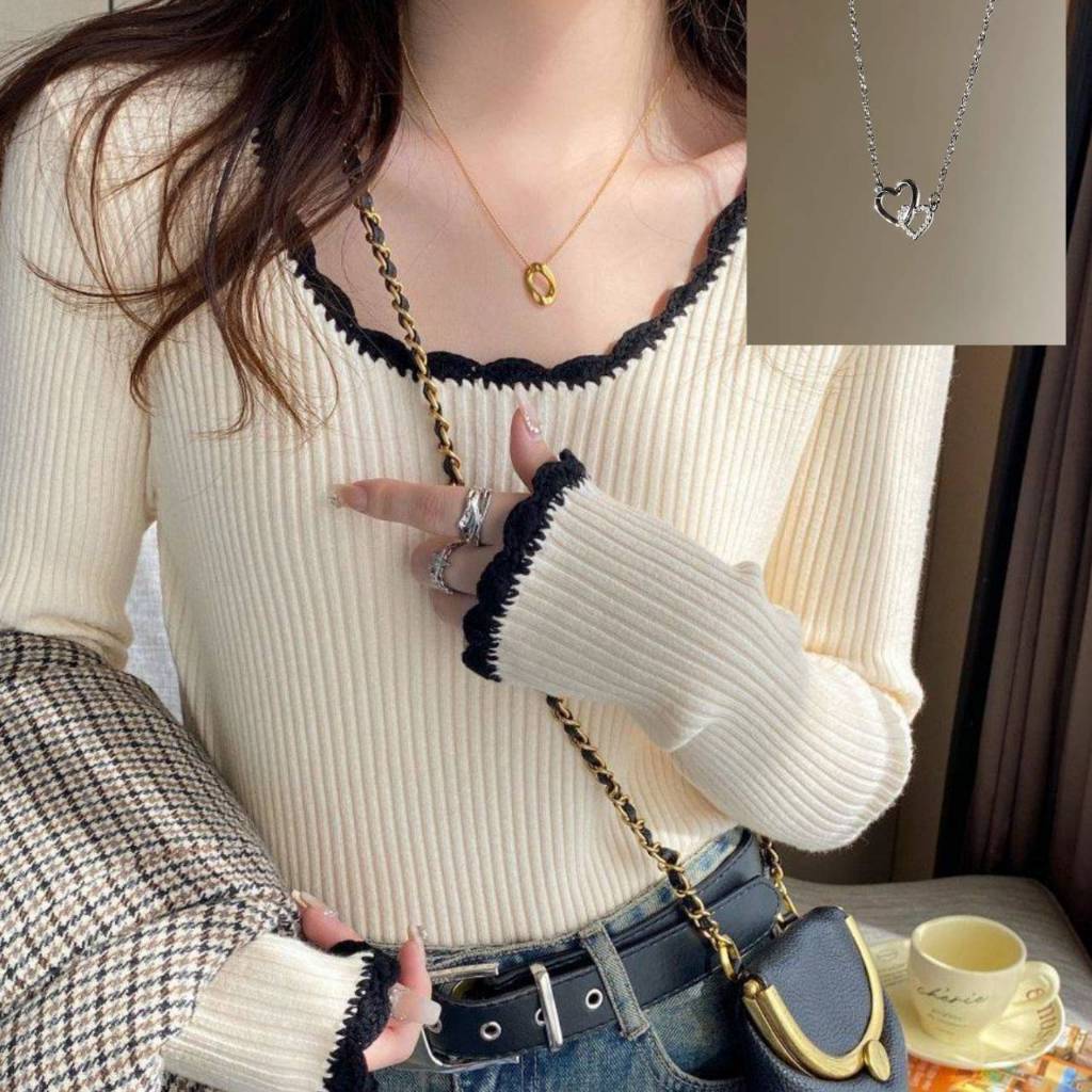 (เเถมสร้อยจี้หัวใจ)เสื้อไหมพรมเเขนยาวคอกลม รุ่น Julia  ระบายคอเเละเเขน มี 4 สี ดำ  ครีม ขาว  เทา ใส่สบายเเฟชั่นสาวเกาหลี