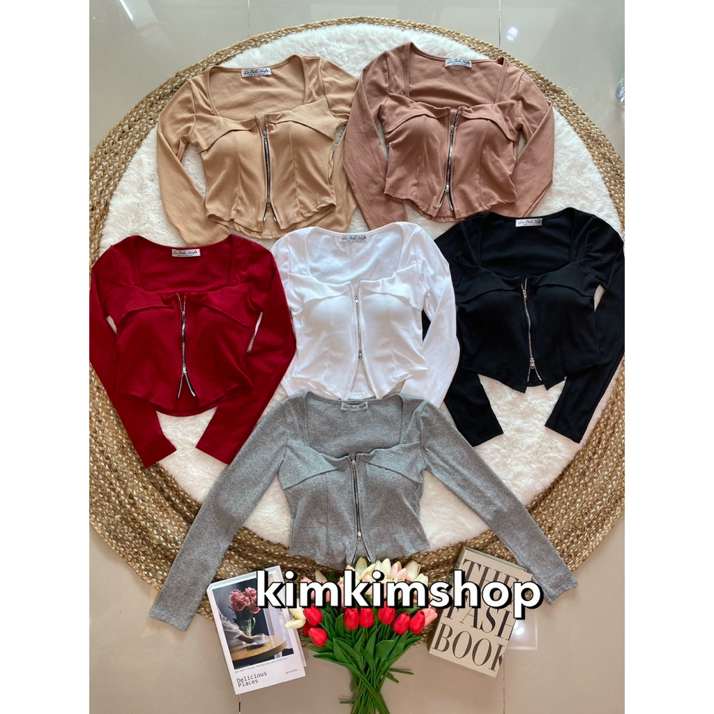 เสื้อครอปแขนยาวผ้ายูนิ คอเหลี่ยม งานซิปเสริมฟองน้ำ(ซิปรูดได้ทั้งบนและล่าง)  LB 30