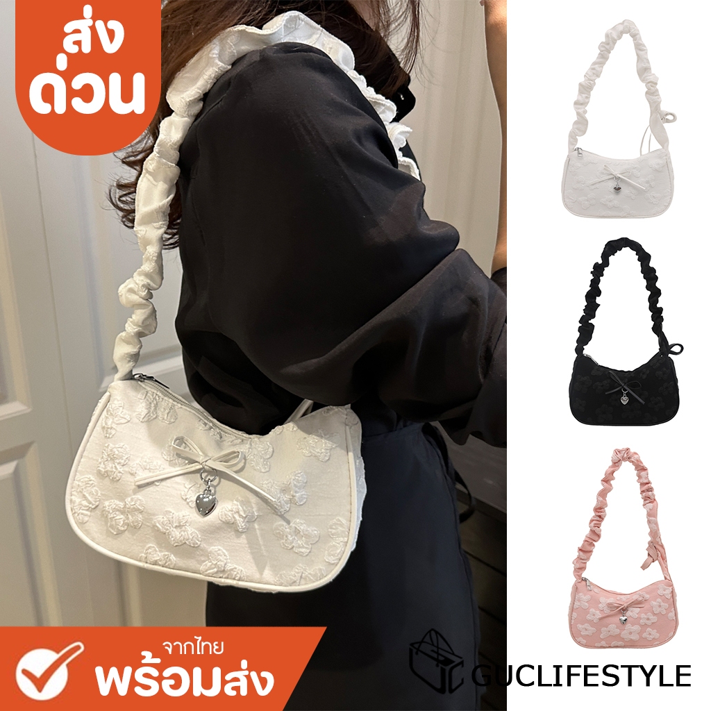 ส่งด่วน GUCSELECTED(B2451) กระเป๋าถือสะพายไหล่ลายดอกไม้ตกแต่งโบว์ด้านหน้าใบเล็ก ปรับสายย่นน่ารัก