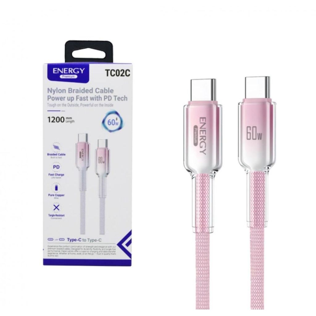 Energy สายชาร์จเร็ว 60W  Model: TC02C-TC  Nylon Braided Cable  หัว TypeC-C  Power up Fast