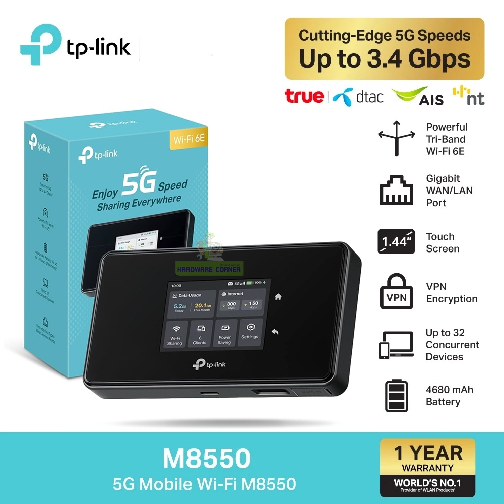⚡️พ็อคเก็ตไวไฟ 5G⚡TP-LINK (M8550) 5G Mobile Wi-Fi Tri-Band AXE3600 สั่งการได้ง่ายเพียงปลายนิ้วสัมผัส