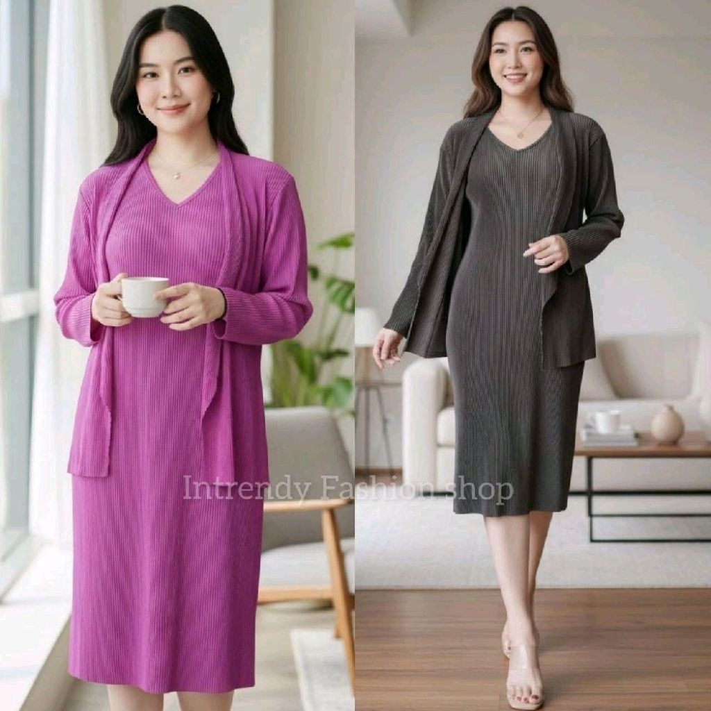 พร้อมส่ง.เดรสพลีทแขนยาวเสื้อคลุมในตัวไซส์สาวอวบ รุ่นB-48 (  Free size: 36 – 56 นิ้ว).ผ้าอัดพลีทเนื้อดีไม่บาง. ราคา ถูกที่สุด ดีลบีเคเค แกลเลอรีภาพที่ 4