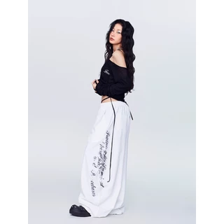 [Letter print, wide-leg athletic pants]กางเกงกีฬาขากว้างลำลองพิมพ์ลายตัวอักษรสไตล์สตรีทสำหรับผู้หญิง