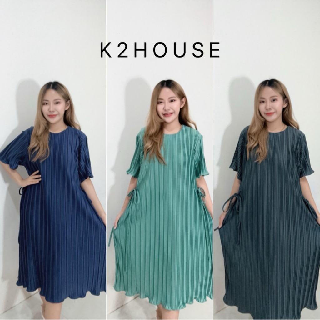 ชุดพลีท ชุดใส่ทำงาน Pleat Dress ชุดพลีสใส่คลุมท้องได้ b119ดีเทลเชือกด้านข้างชุดคลุมท้องใส่ทำงาน ชุดเดรสยืด Freesize
