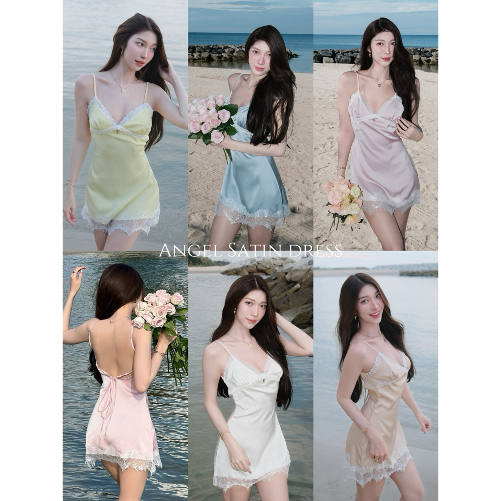 Angel Lace Dress 1090.- เดรสสั้นซาตินลูกไม้ เนื้อผ้าพรีเมียม ดีไซน์ผูกหลัง เข้ารูปสวย