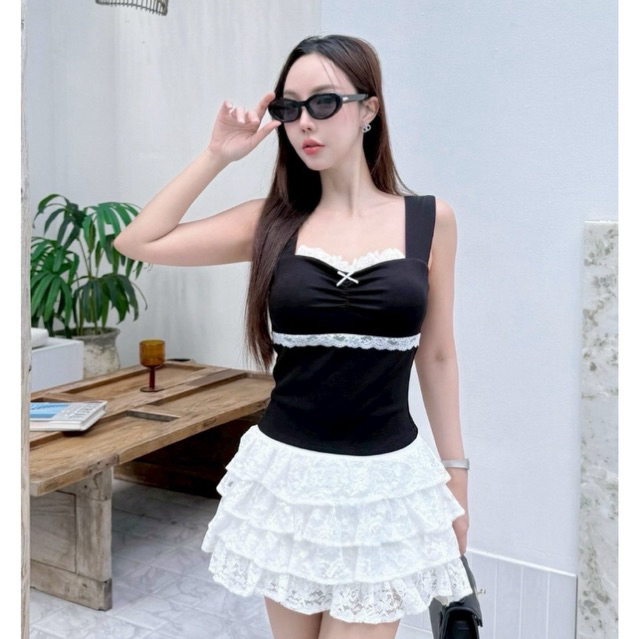 S35 - ชุดเซ็ต เสื้อกล้ามแต่งลูกไม้ แมทกระโปรงลูกไม้