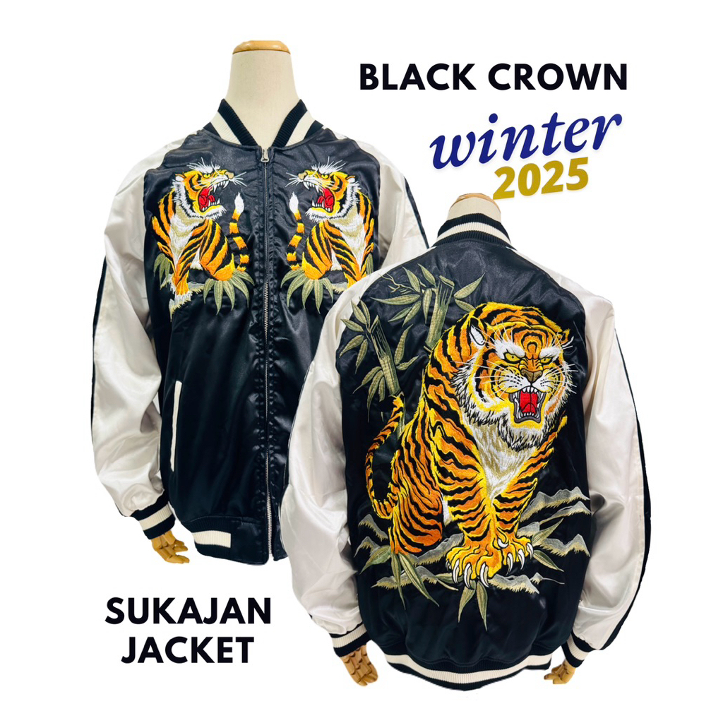 Black crown Sukajan jacket 𝐯𝐢𝐧𝐭𝐚𝐠𝐞 𝐭𝐢𝐠𝐞𝐫 เสื้อสีดำ/ขาว⚫️⚪️ ผ้าซาตินญี่ปุ่น ใส่ได้ด้านเดียว