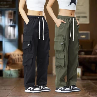 พร้อมส่งจากกทม กางเกงสีดํา cargo pants กางเกงคาร์โก้ผู้หญิงแฟชั่นอเนกประสงค์ย้อนยุคอเมริกัน 2025 รูปแบบใหม่ การออกแบบกระ