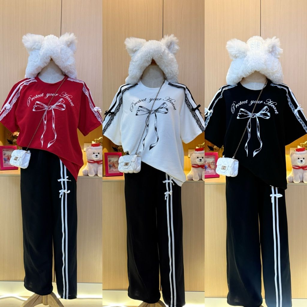 ชุดเซ็ต2 ชิ้น เสื้อโอเวอร์ไซร์ ลายโบว์ลูกไม้ ผ้าวูลเวฟ ฟรีไซร์ สาวอวบ