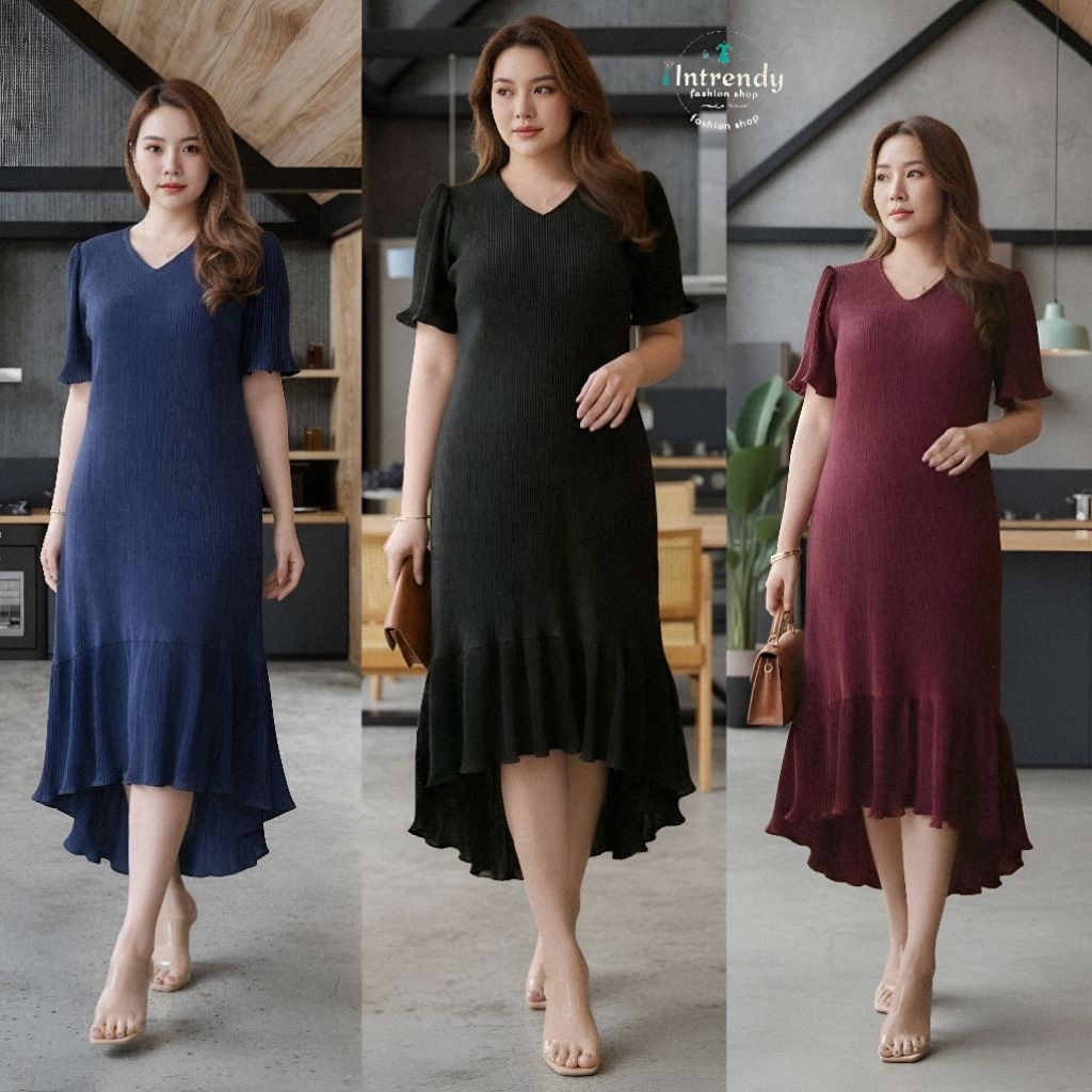 พร้อมส่ง.เดรสพลีทหน้าสั้น หลังยาว คอวีสาวอวบ Low- hight Dress peat B221(อก:36 - 50 นิ้ว) ใส่สวย.