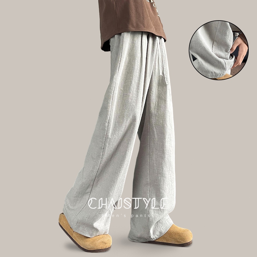 Chaistyle ผ้าลินินหลวมตรงขากว้างสีขาว ขนาดกางเกงขายาวผู้ชาย M-3XL