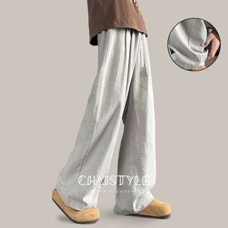 Chaistyle ผ้าลินินหลวมตรงขากว้างสีขาว ขนาดกางเกงขายาวผู้ชาย …