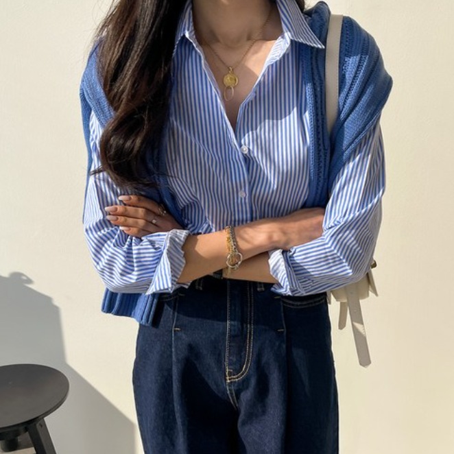 พร้อมส่งจากไทย✨เสื้อใส่ทำงานผู้หญิง เสื้อเชิ้ตแขนยาว ลายทาง ลายทาง ทรงหลวม แมทซ์ง่ายใส่ได้ทุกวัน #F065 - รูปที่ 2