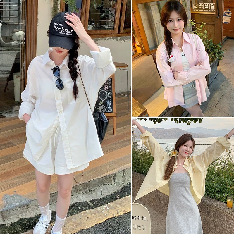 ส่งเร็วจากไทย✨เสื้อใส่ทำงานผู้หญิง เสื้อขาว เสื้อเชิ้ตแขนยาว สีพื้น ทรงหลวม แมทซ์ง่ายใส่ได้ทุกวัน #F064