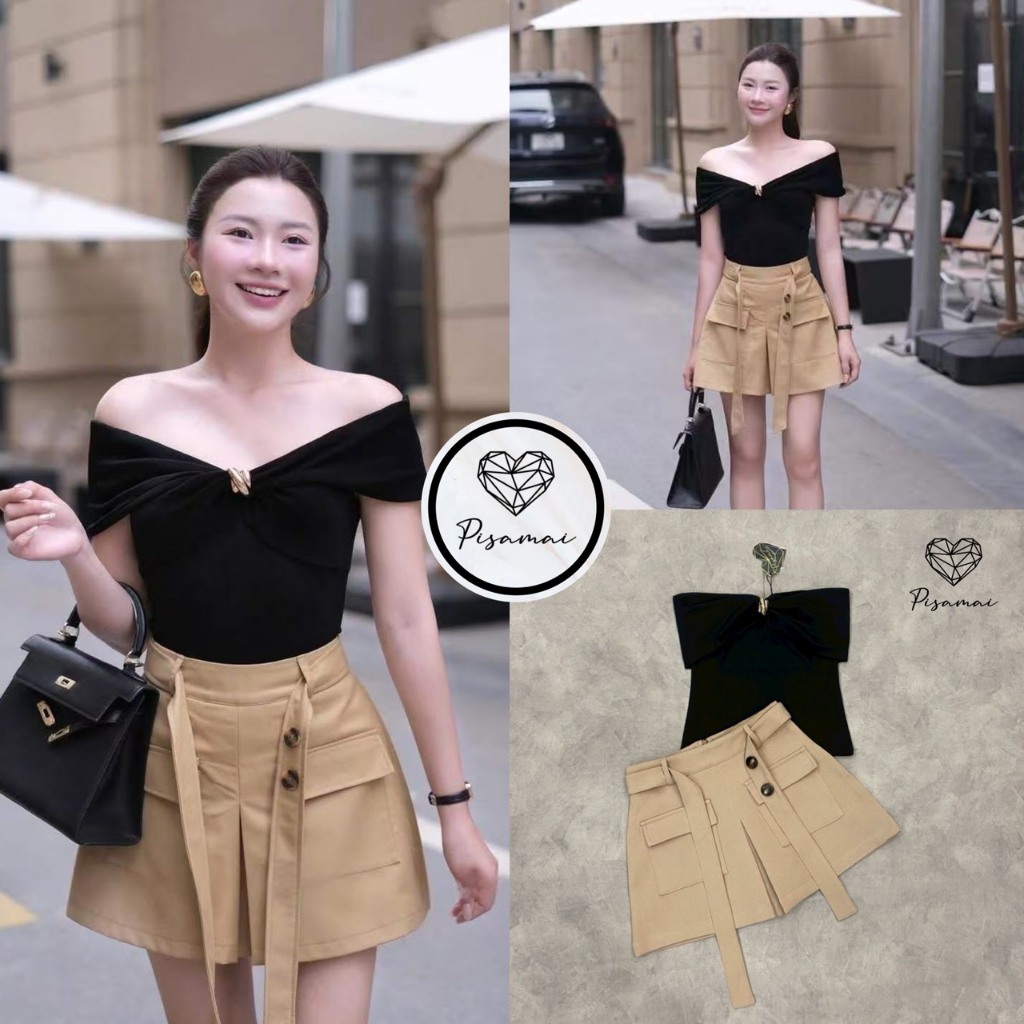 [PISAMAI] เซ็ตเสื้อปาดไหล่สีดำ ช่วงอกแต่งอะไหล่ทอง มาคู่กับกาวเกงขาสั้นสีกากีพร้อมเข็มขัดเข้าเซ็ต