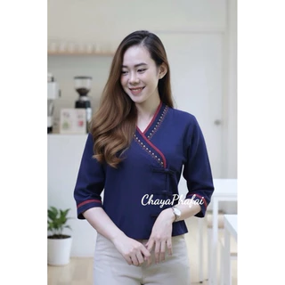 เสื้อผ้าฝ้ายทรงป้ายเจ้านางแขนสามส่วน ปักดอกไม้