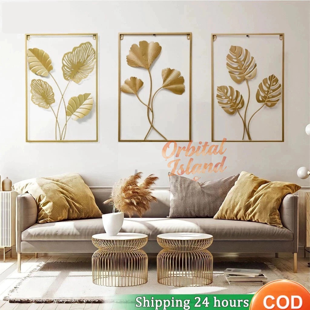 40x60cm ภาพแขวนผนังโลหะสไตล์นอร์ดิก | งานศิลปะใบไม้สีทอง สำหรับตกแต่งห้องนั่งเล่นและห้องนอนแบบโมเดิร์น