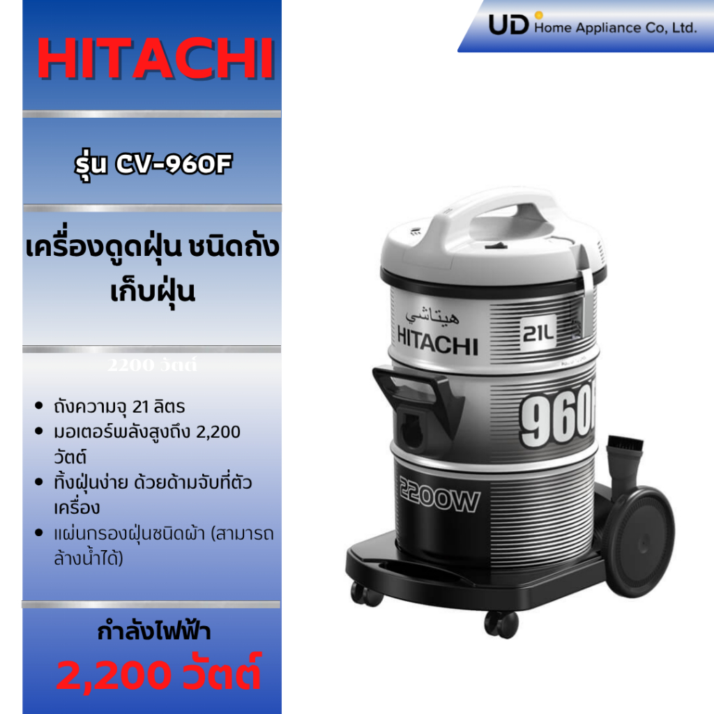 HITACHI เครื่องดูดฝุ่น ชนิดถังเก็บฝุ่น 2200 วัตต์ รุ่น CV-960F