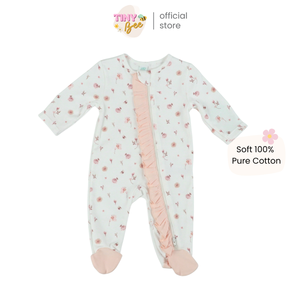 TinyBee ชุดหมีคลุมเท้า บอดี้สูท ซิป 2 ทาง ผ้าฝ้าย พิมพ์กระต่าย อายุ 0-18 เดือน