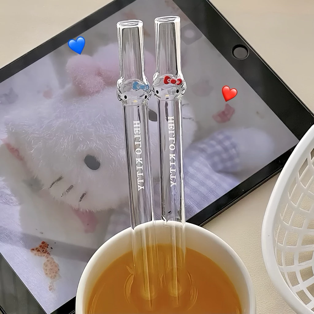 หลอดแก้ว Hello Kitty น่ารัก เหมาะสำหรับชานม กาแฟ และเครื่องดื่มอื่นๆ ทนความร้อน ดูดไข่มุกได้
