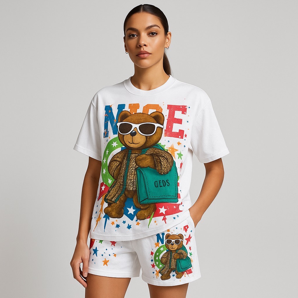 SGH0253 ชุดเซทเสื้อยืดแขนสั้นและกางเกงขาสั้นสไตล์เกาหลี ลายการ์ตูนหรือสปอร์ตแอนด์สตรีท สไตล์เข่า - รูปที่ 3