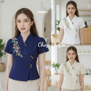 เสื้อผ้าฝ้ายป้ายข้างแขนสั้น ปักดอกไม้