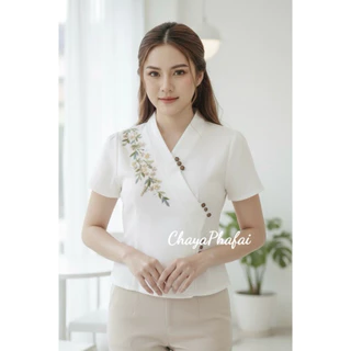 เสื้อผ้าฝ้ายป้ายข้างแขนสั้น ปักดอกไม้