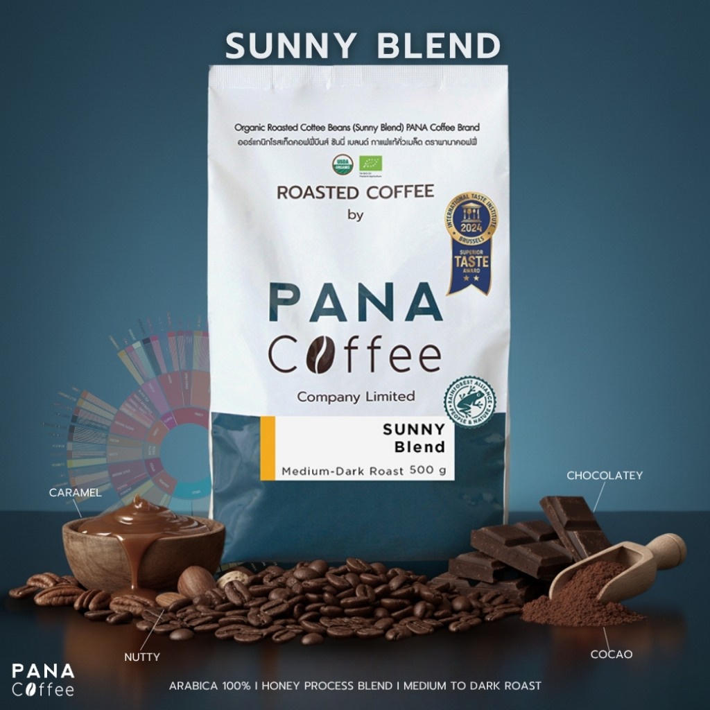 PANA Brand Sunny: เมล็ดกาแฟอาราบิก้าแท้ 100% คั่วกลางถึงเข้ม ขนาด 500 กรัม