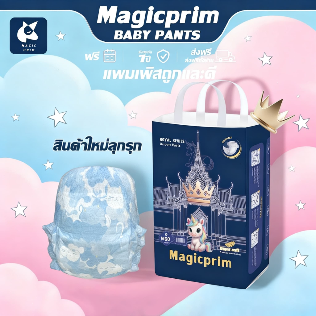 🔴Magic Prim JIJI Royal Series Unicorn Pants กางเกงผ้าอ้อมเด็กออร์แกนิก M 60 ชิ้น