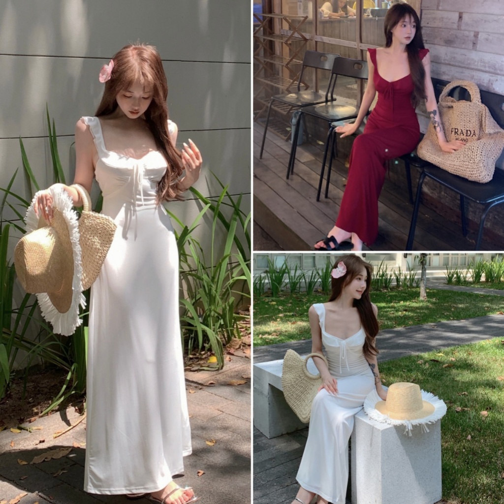 Beryl🌻ชุดเดรสยาวสีขาวหรูหรา สลิปเดรสหรูหรา