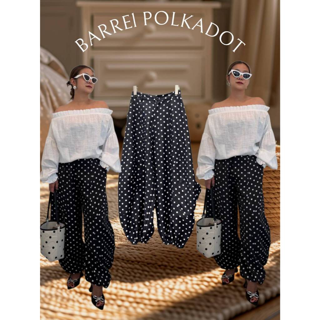 กางเกงทรงบาร์เรล  เนื้อผ้าคอตตอนอัดกาวBarrel polka dot