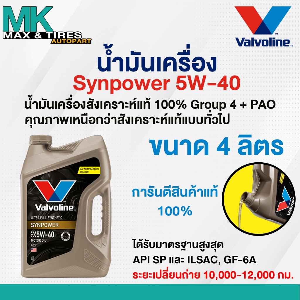 น้ำมันเครื่องเบนซิน สังเคราะห์แท้ 100% 5W-40 Valvoline Synpower 5W-40 ผสม PAO ขนาด 1 4 และ 5 ลิตร