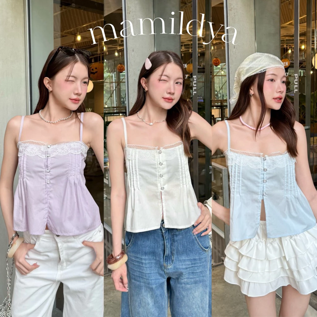 สายปรับได้🌟Mamildya.shop🌟เสื้อสายเดี่ยวบอลลูน ทรงยอดฮิต เนื้อผ้าตารางสีละมุนมากๆ/ S1-5/TOT-ลูน1