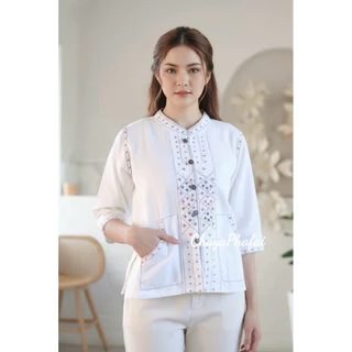 เสื้อผ้าฝ้ายคอจีนแขนสามส่วน ปักลายดอกแก้ว