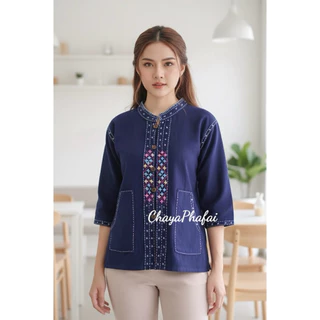 เสื้อผ้าฝ้ายคอจีนแขนสามส่วน ปักลายดอกแก้ว